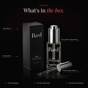 What's in the box — Ræd 540 bottle, glass dropper and black gift box