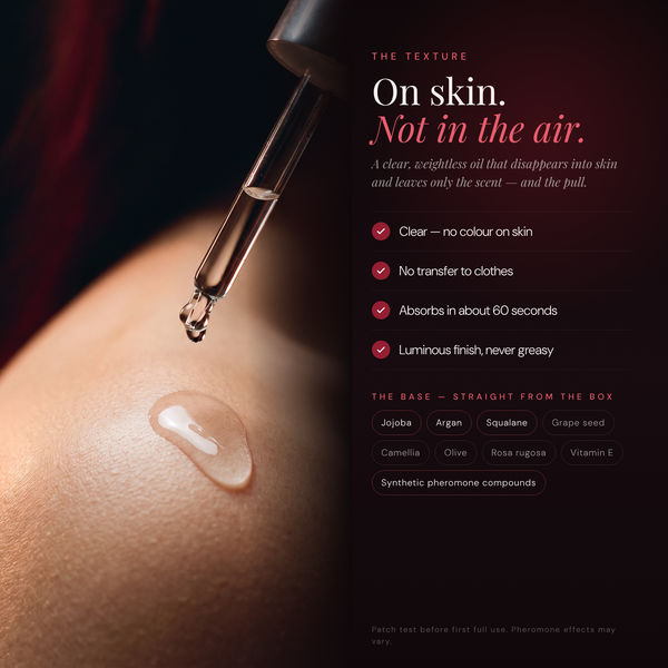 On skin, not in the air — clear oil texture and jojoba, argan, squalane base