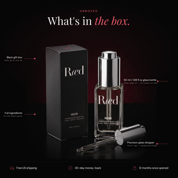 Ræd Noir — What's in the box — gift box, 50 ml glass bottle, precision dropper