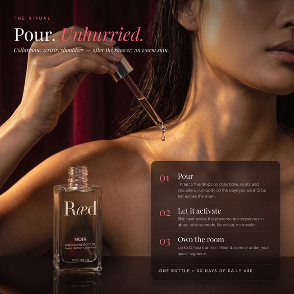 Ræd Noir — The ritual — pour on collarbone, wrists, shoulders